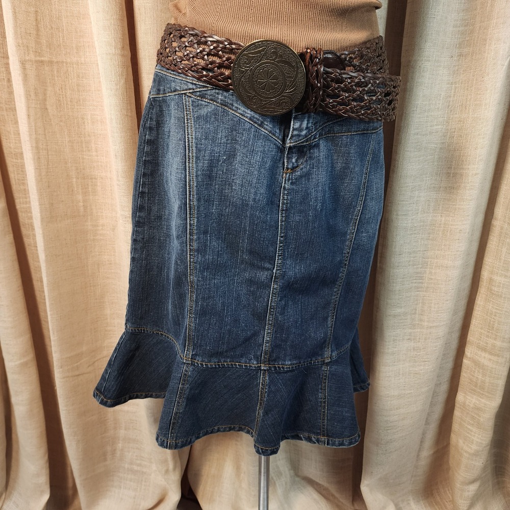 Motto Denim Skirt Size 14 Blue Mermaid Flounce Ruffle Hem Cotton Blend Stretch